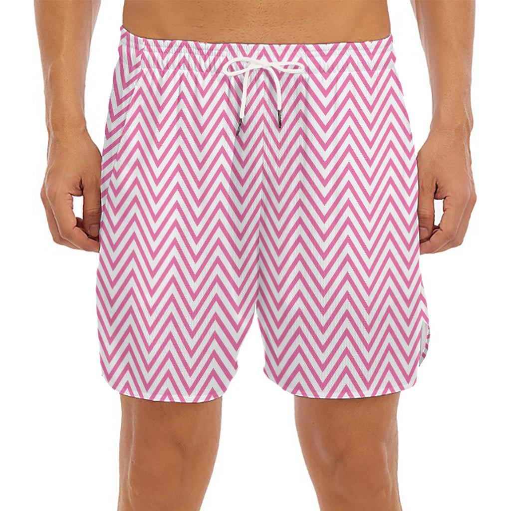 White And Pink Zigzag Pattern Print Men's Split Running Shorts