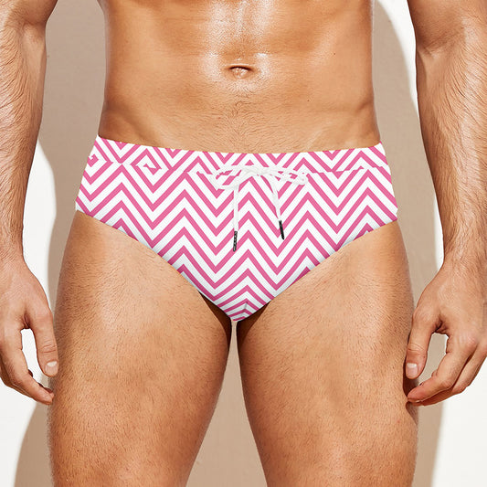 White And Pink Zigzag Pattern Print Men's Swim Briefs