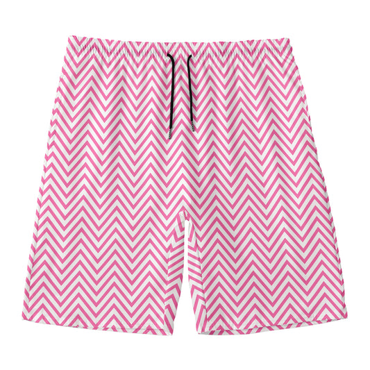 White And Pink Zigzag Pattern Print Men's Swim Trunks