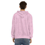 White And Pink Zigzag Pattern Print Men's Velvet Pullover Hoodie