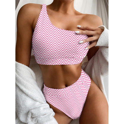 White And Pink Zigzag Pattern Print One Shoulder Bikini Top