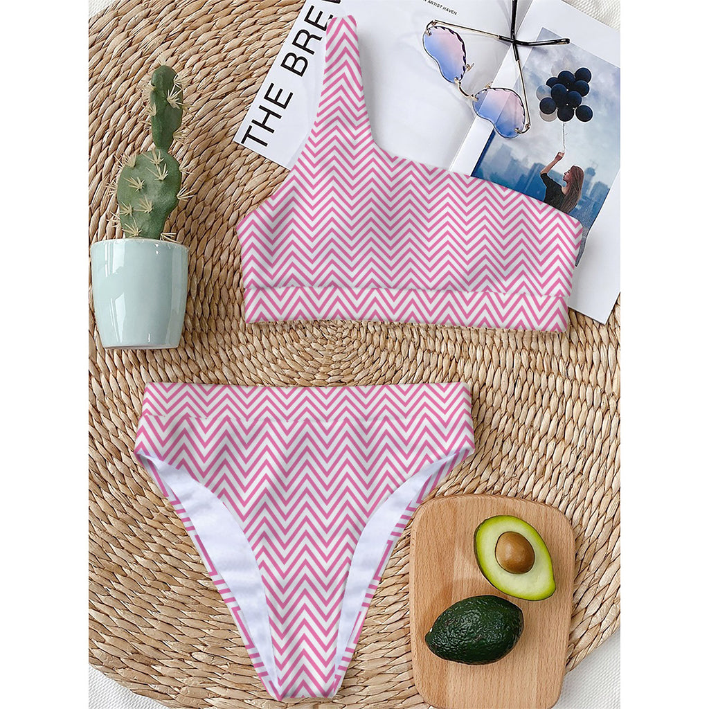 White And Pink Zigzag Pattern Print One Shoulder Bikini Top