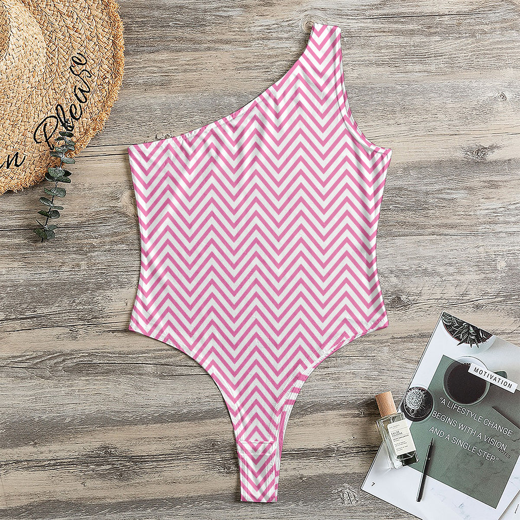 White And Pink Zigzag Pattern Print One Shoulder Bodysuit