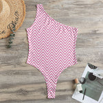 White And Pink Zigzag Pattern Print One Shoulder Bodysuit