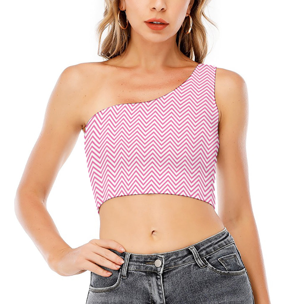 White And Pink Zigzag Pattern Print One Shoulder Crop Top