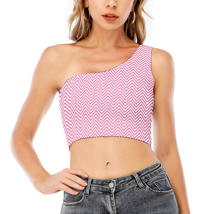 White And Pink Zigzag Pattern Print One Shoulder Crop Top