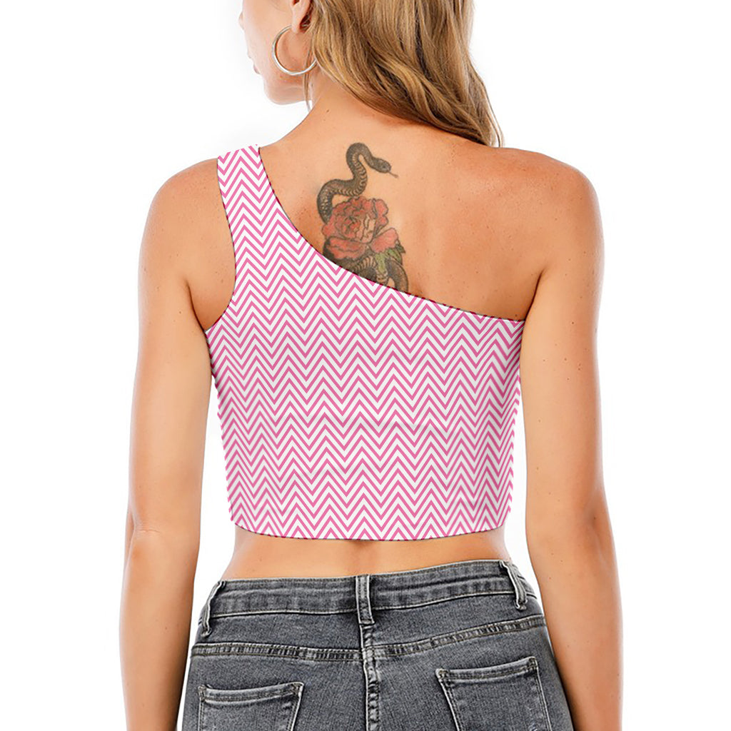 White And Pink Zigzag Pattern Print One Shoulder Crop Top