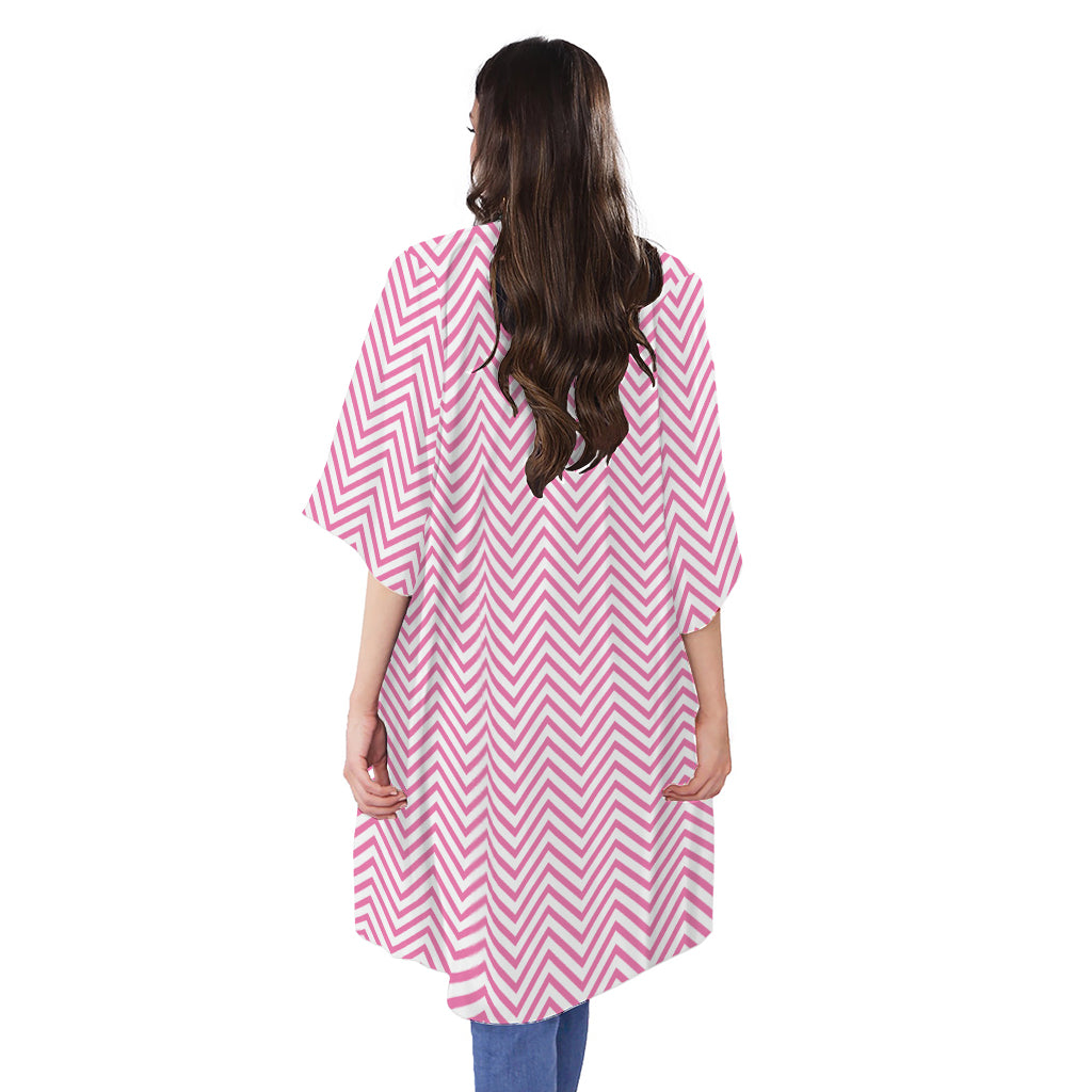 White And Pink Zigzag Pattern Print Open Front Beach Cover Up