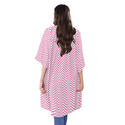 White And Pink Zigzag Pattern Print Open Front Beach Cover Up