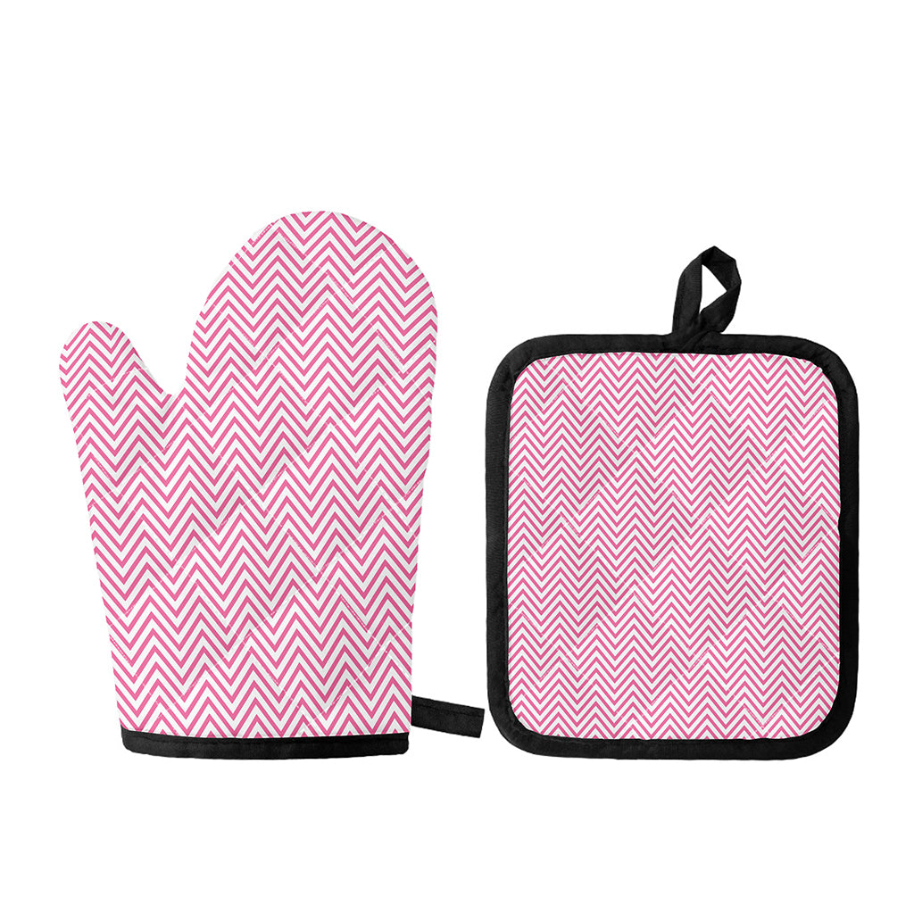 White And Pink Zigzag Pattern Print Oven Mitt And Pot Holder Set