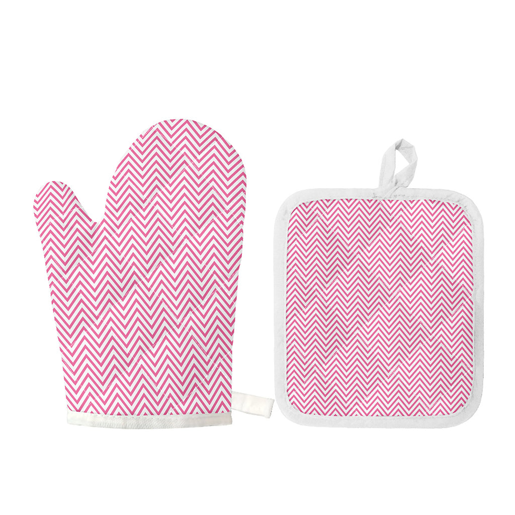 White And Pink Zigzag Pattern Print Oven Mitt And Pot Holder Set