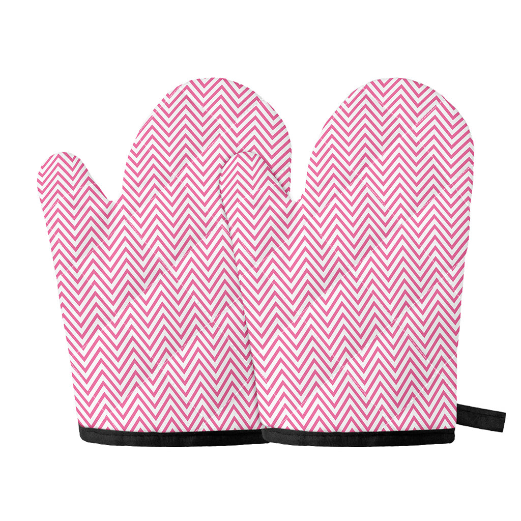 White And Pink Zigzag Pattern Print Oven Mitts