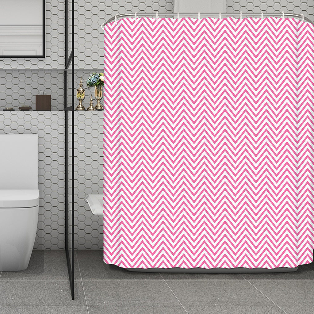 White And Pink Zigzag Pattern Print Polyester Shower Curtain