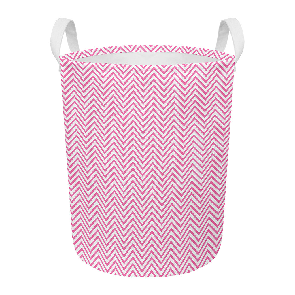White And Pink Zigzag Pattern Print Round Laundry Basket