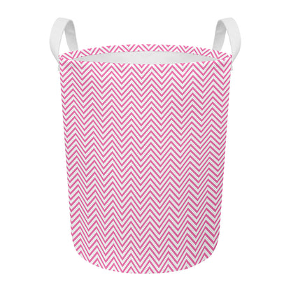 White And Pink Zigzag Pattern Print Round Laundry Basket