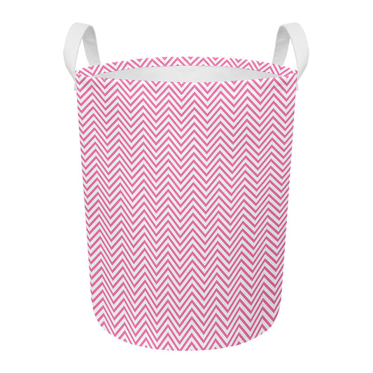 White And Pink Zigzag Pattern Print Round Laundry Basket
