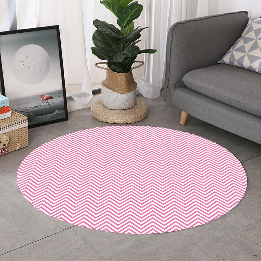 White And Pink Zigzag Pattern Print Round Rug