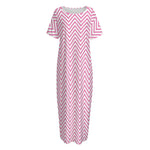 White And Pink Zigzag Pattern Print Short Sleeve Long Nightdress