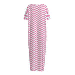 White And Pink Zigzag Pattern Print Short Sleeve Long Nightdress