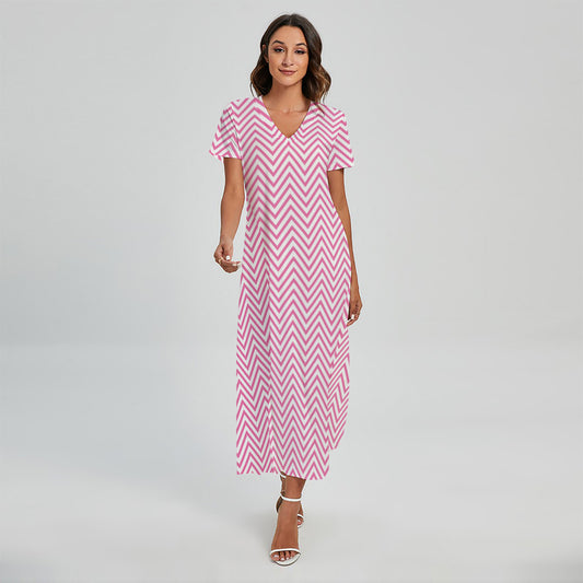 White And Pink Zigzag Pattern Print Short Sleeve Maxi Dress