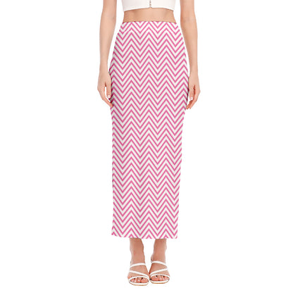 White And Pink Zigzag Pattern Print Side Slit Maxi Skirt
