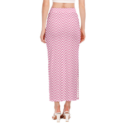White And Pink Zigzag Pattern Print Side Slit Maxi Skirt