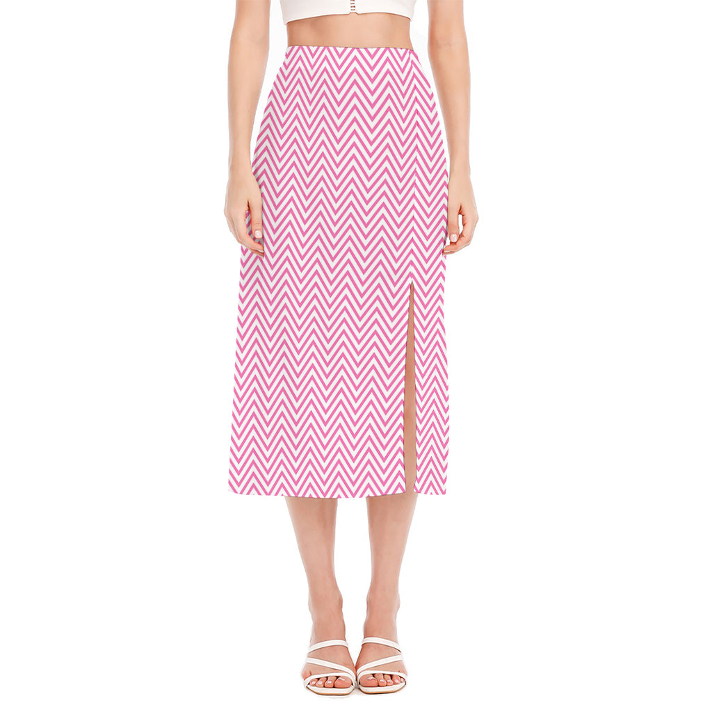 White And Pink Zigzag Pattern Print Side Slit Midi Skirt