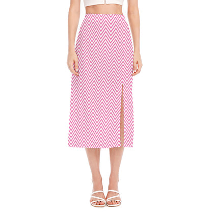 White And Pink Zigzag Pattern Print Side Slit Midi Skirt