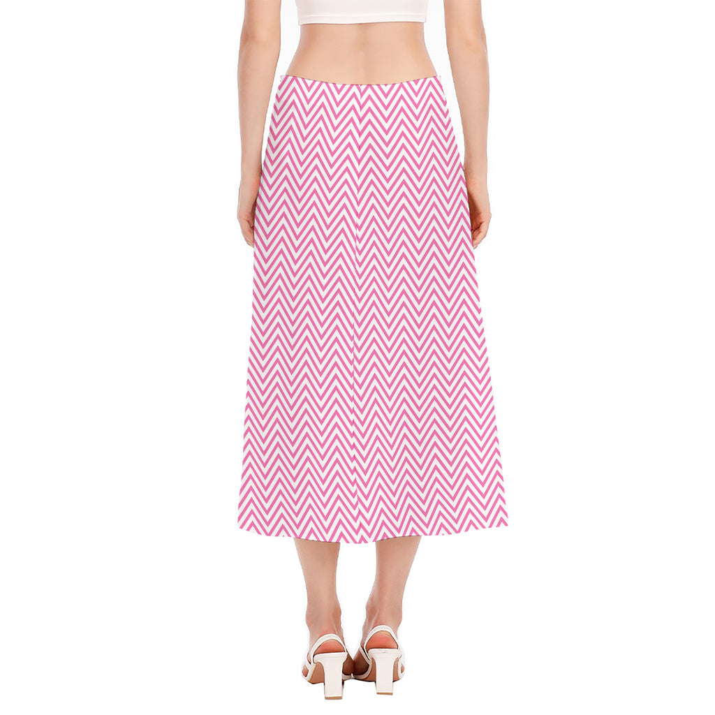 White And Pink Zigzag Pattern Print Side Slit Midi Skirt