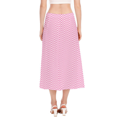 White And Pink Zigzag Pattern Print Side Slit Midi Skirt