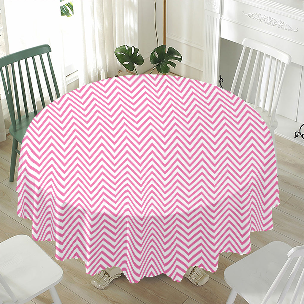 White And Pink Zigzag Pattern Print Waterproof Round Tablecloth