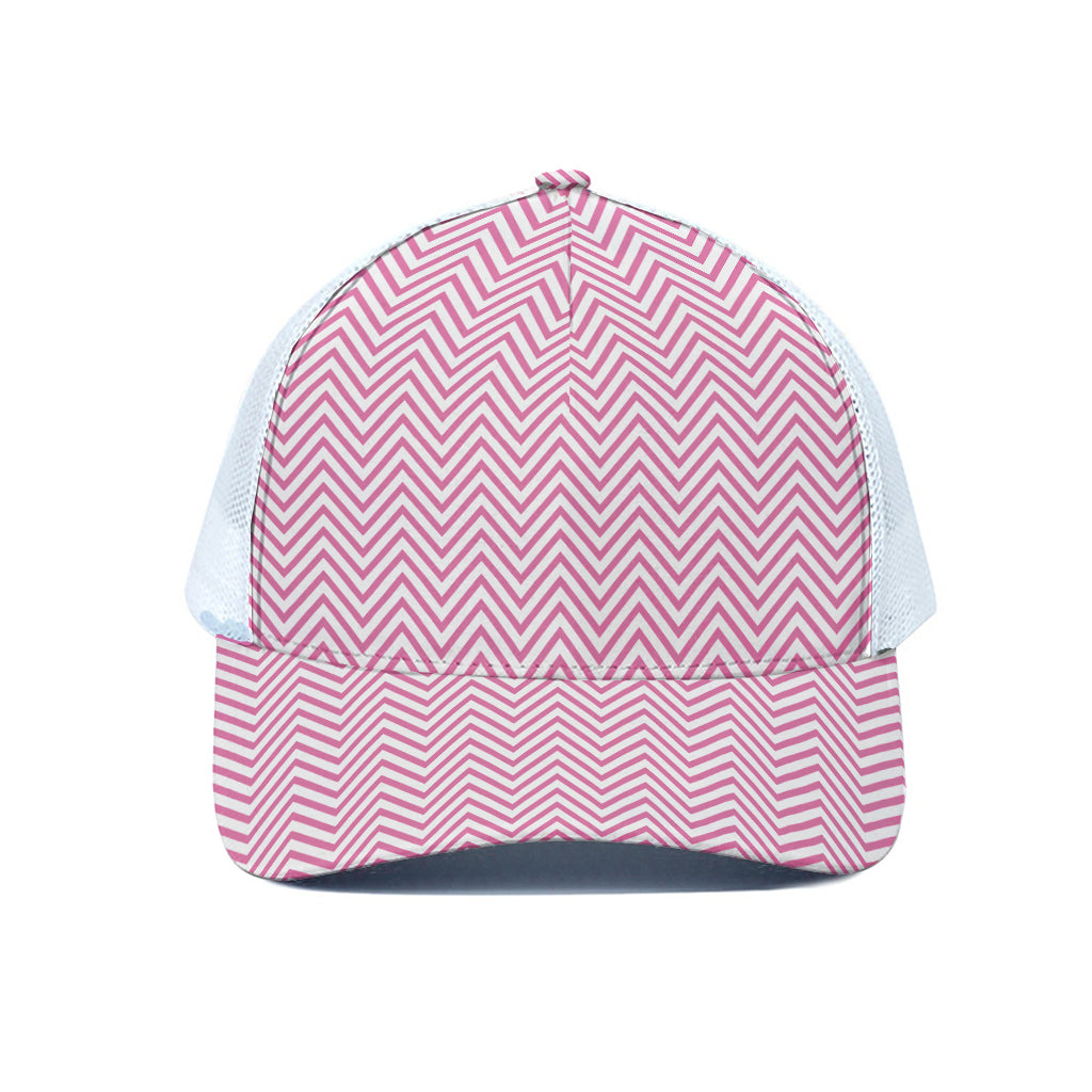 White And Pink Zigzag Pattern Print White Mesh Trucker Cap