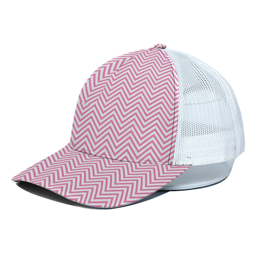 White And Pink Zigzag Pattern Print White Mesh Trucker Cap