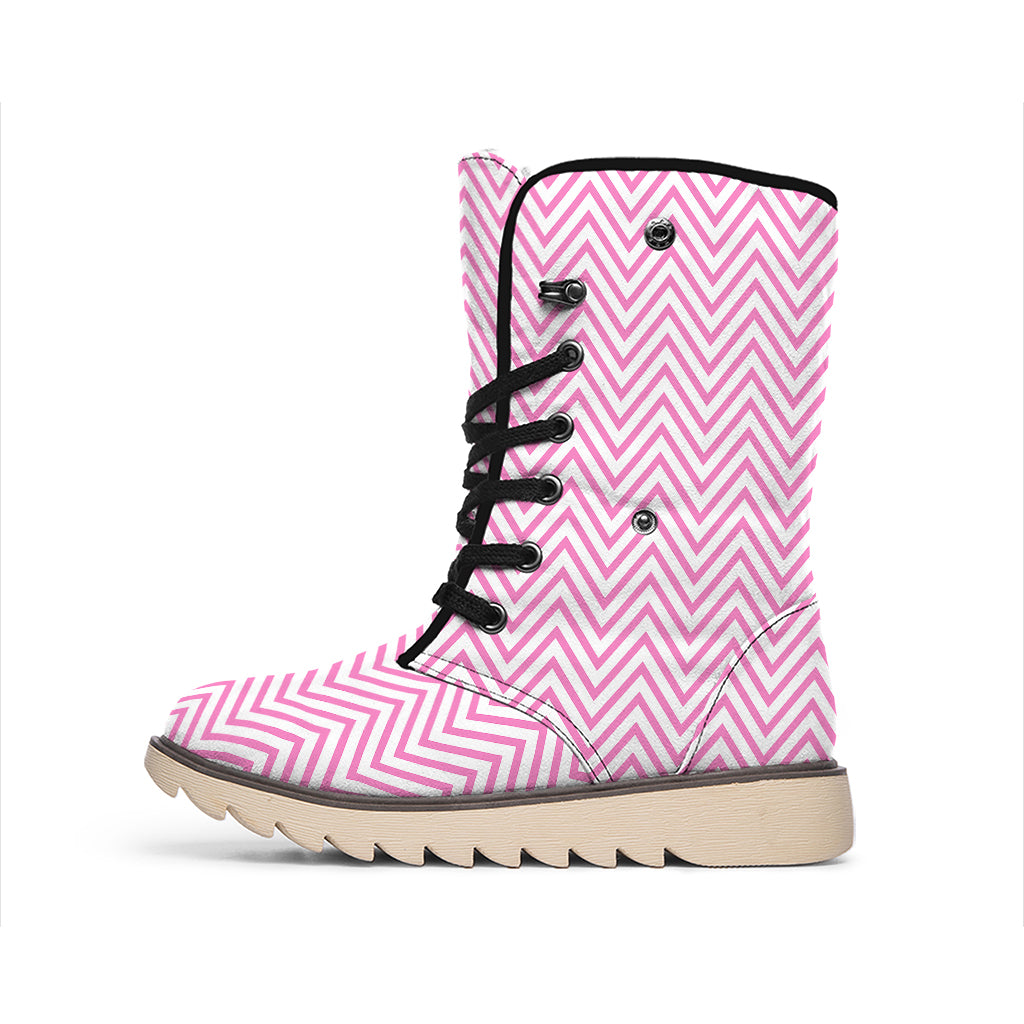 White And Pink Zigzag Pattern Print Winter Boots