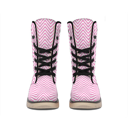 White And Pink Zigzag Pattern Print Winter Boots