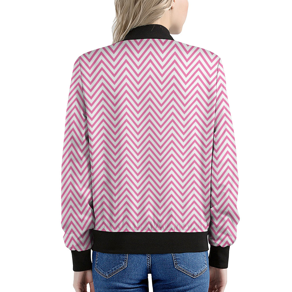 White And Pink Zigzag Pattern Print Women's Bomber Jacket