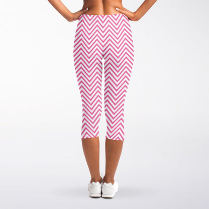 White And Pink Zigzag Pattern Print Women's Capri Leggings