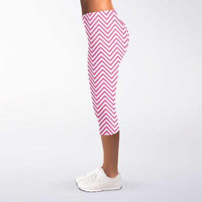 White And Pink Zigzag Pattern Print Women's Capri Leggings