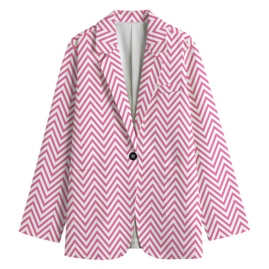 White And Pink Zigzag Pattern Print Women's Cotton Blazer