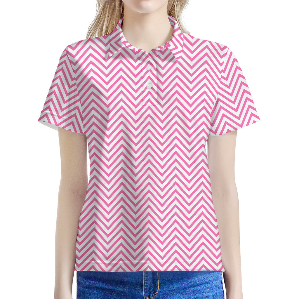 White And Pink Zigzag Pattern Print Women's Polo Shirt