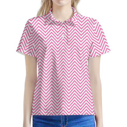 White And Pink Zigzag Pattern Print Women's Polo Shirt