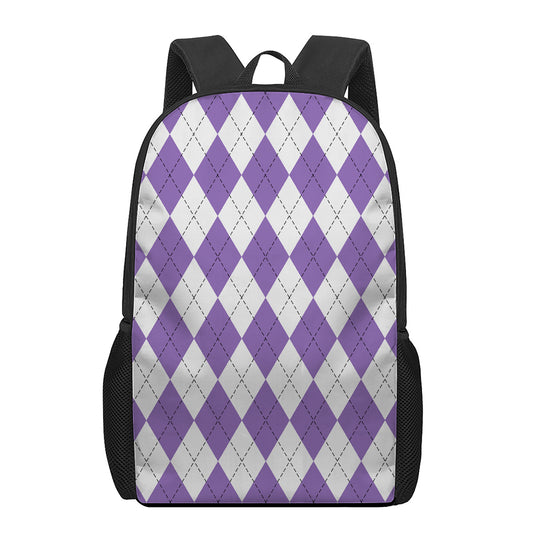 White And Purple Argyle Pattern Print 17 Inch Backpack