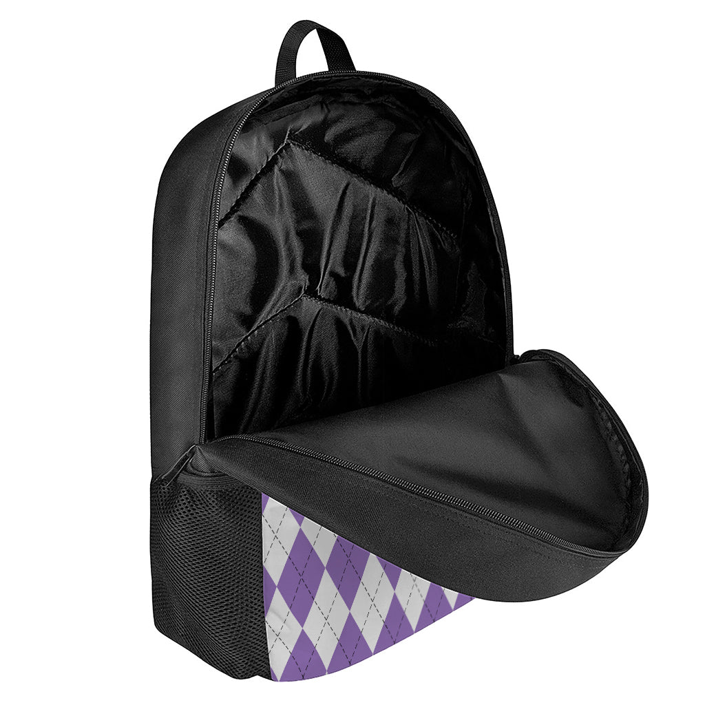 White And Purple Argyle Pattern Print 17 Inch Backpack