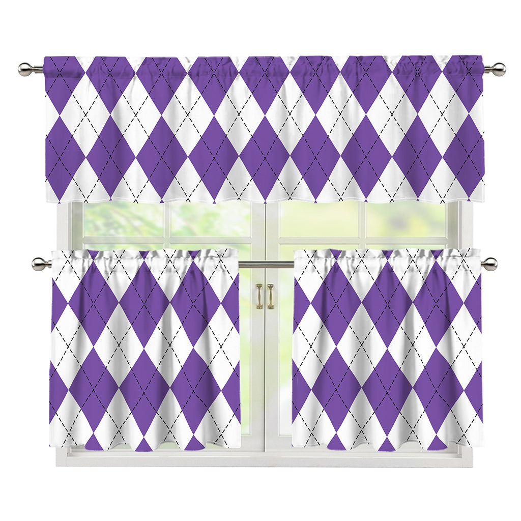 White And Purple Argyle Pattern Print 3 Piece Kitchen Curtains