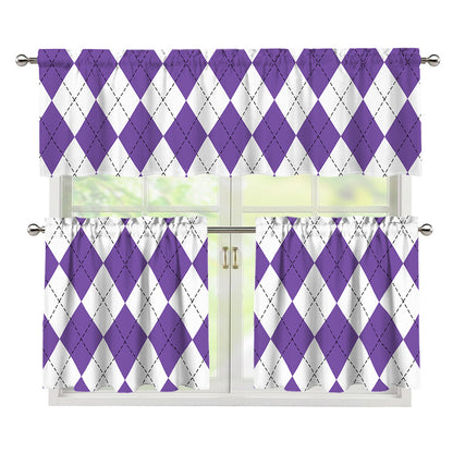 White And Purple Argyle Pattern Print 3 Piece Kitchen Curtains
