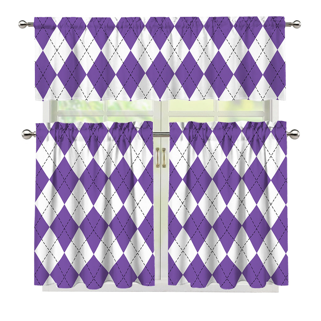 White And Purple Argyle Pattern Print 3 Piece Kitchen Curtains