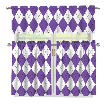White And Purple Argyle Pattern Print 3 Piece Kitchen Curtains