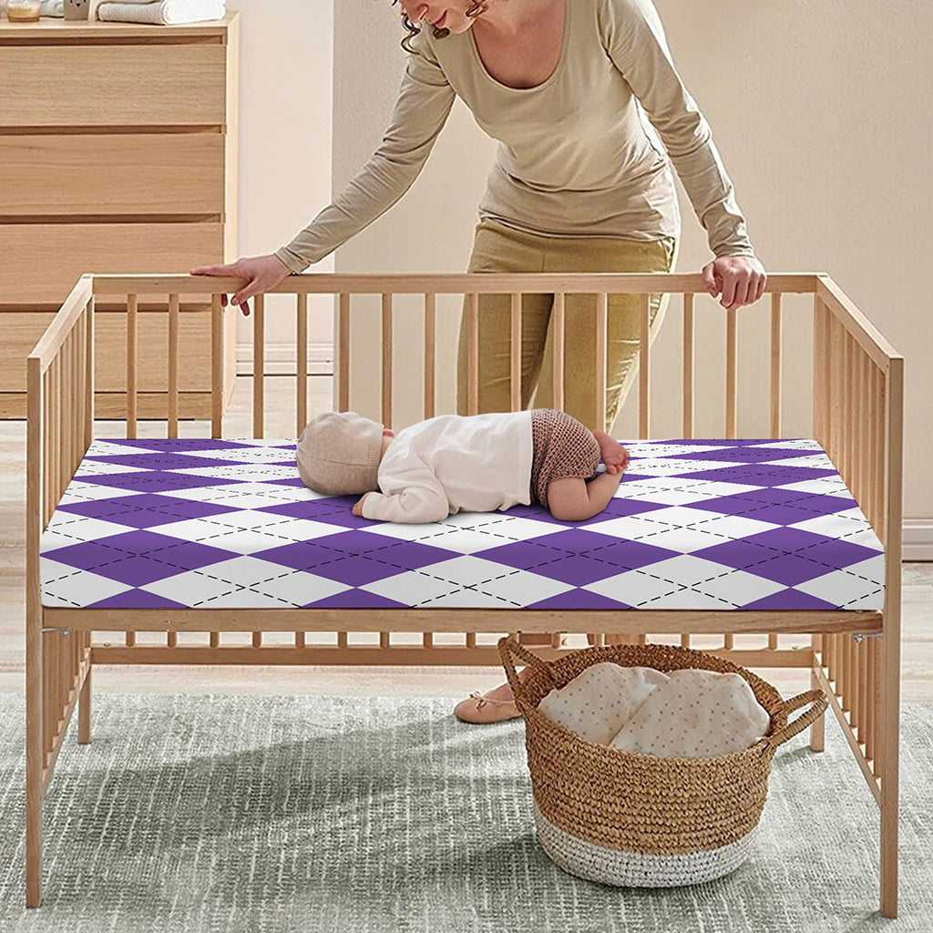 White And Purple Argyle Pattern Print Baby Crib Sheet