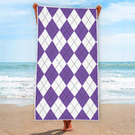 White And Purple Argyle Pattern Print Beach Towel