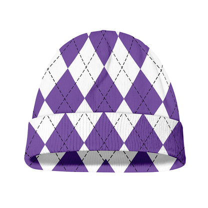 White And Purple Argyle Pattern Print Beanie